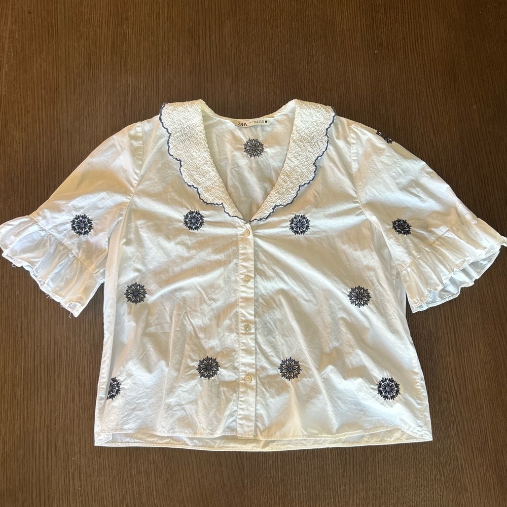 Zara White Blouse with Blue Embroidery